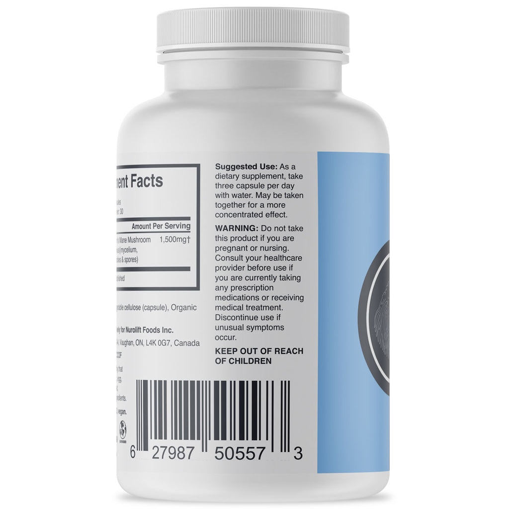 Image Showing Bottle of Nurolift Lion’s Mane Mushroom Supplement Pivoted 144 Degrees Displaying Dosage Information