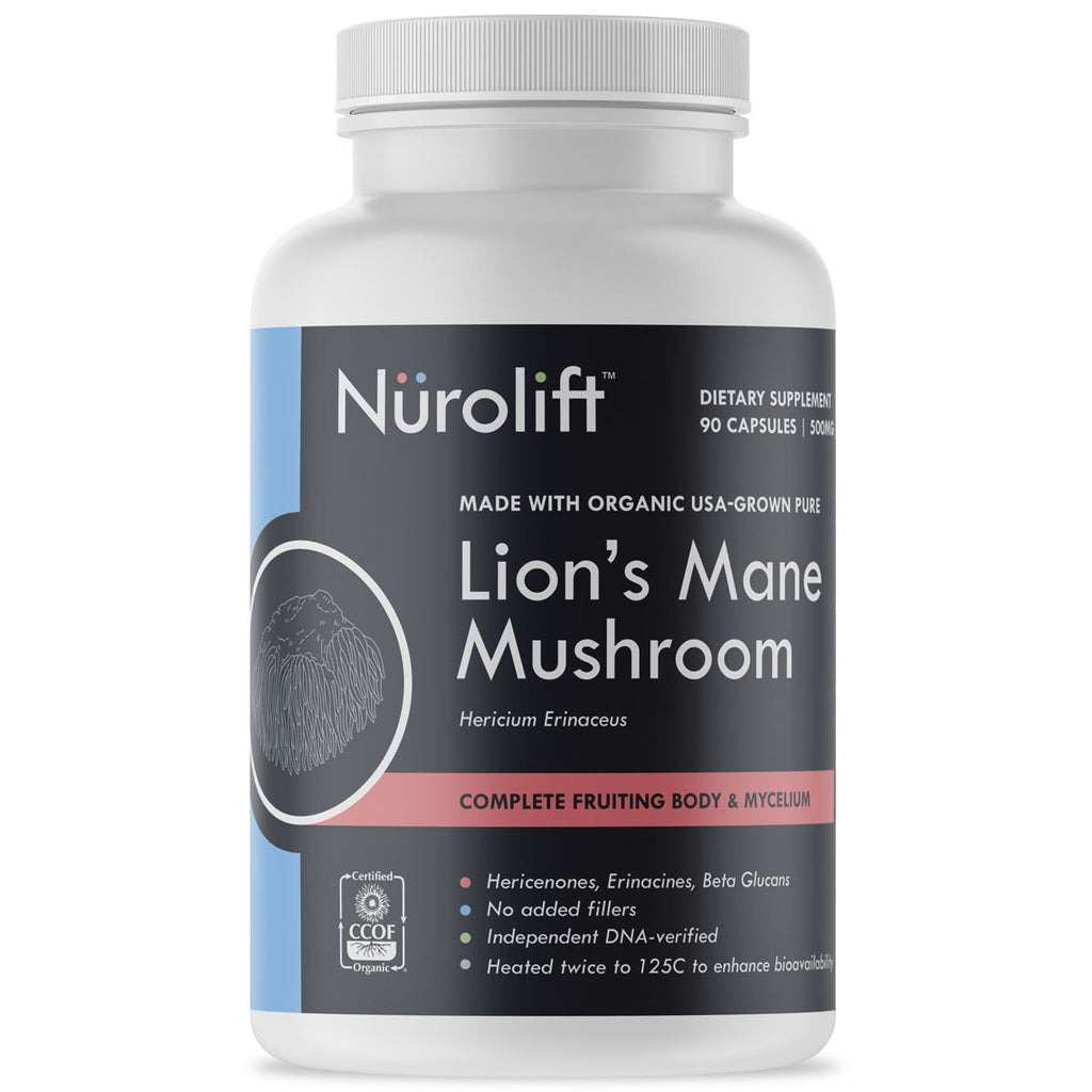Best Display Image of Nurolift Lion’s Mane Mushroom Supplement Bottle 90 Capsules Version Facing The Front